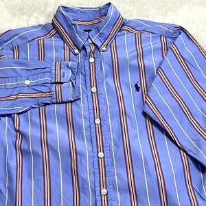 Ralph Lauren Boys M 10-12 Blue Orange Striped Long Sleeve Shirt 100% Cotton Polo